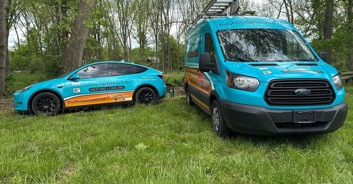 Mini Splits USA wrapped service vehicles: a teal Ford Transit van with ladder rack and a teal Tesla, both branded Mini Splits USA Heating & Cooling